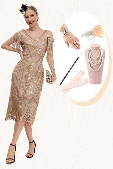 Champagne Cold spalla Fringes 1920s Gatsby Abito con 20s accessori Set